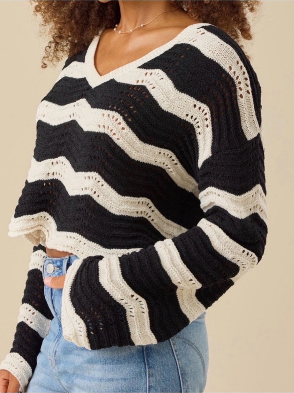 Altar'd State Black and Cream Striped V-Neck Crochet Sweater